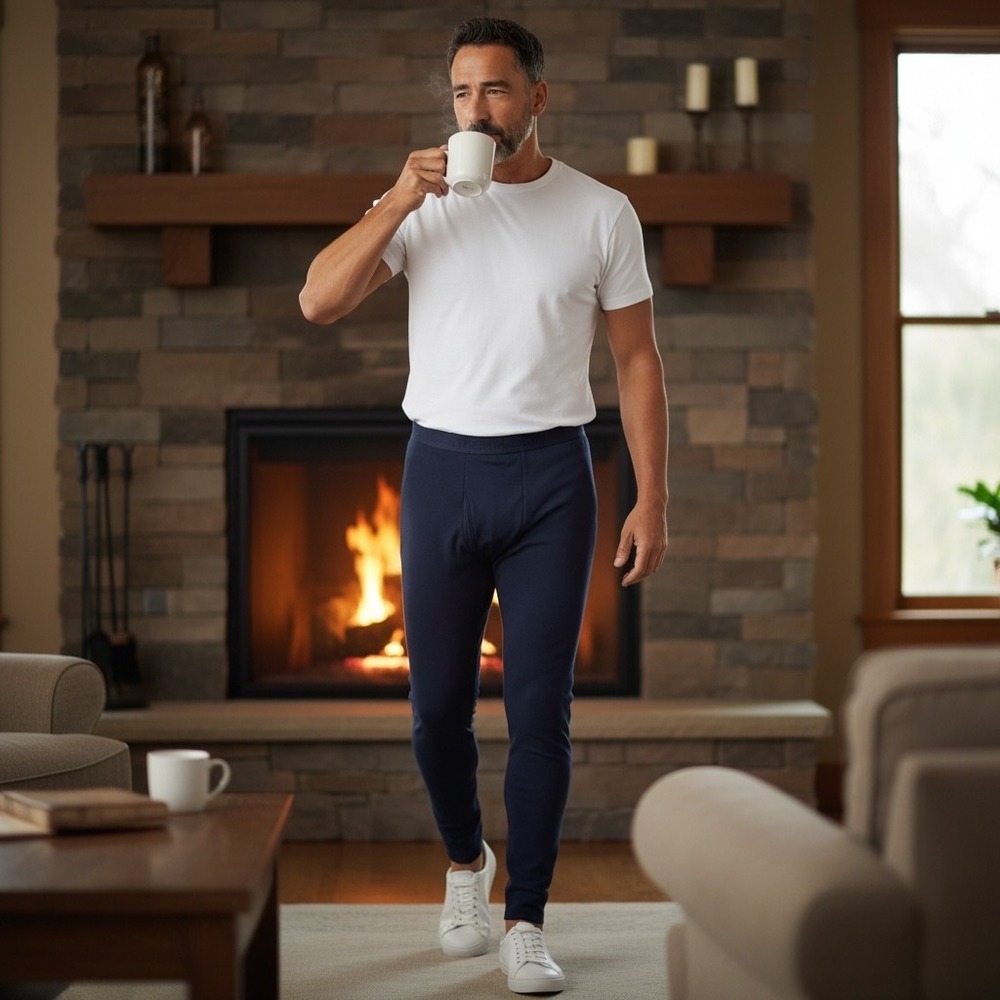 Thermajohn Mens Thermal Leggings Navy Blue Base Layer Bottoms Sz M Fleece Lined